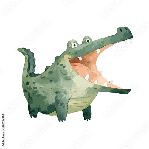 Cartoonish Crocodile with Open Mouth and Watercolor Texture Standing Upright