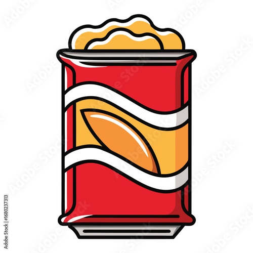 Stylized illustration of a red soda can with wavy design and foamy top