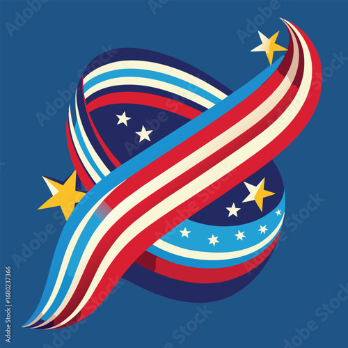 Abstract patriotic design with swirling ribbons and stars in red white and blue