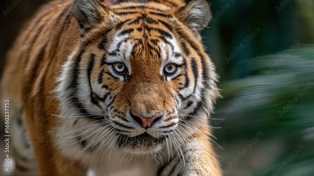 Obraz premium Magnificent tiger walks confidently, displaying its striking stripes and intense gaze. A symbol of power and beauty