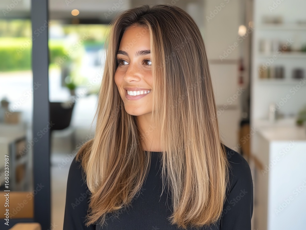 Obraz premium Balayage extensions transitioning from dark roots to caramel tips, arranged in a cascading pattern