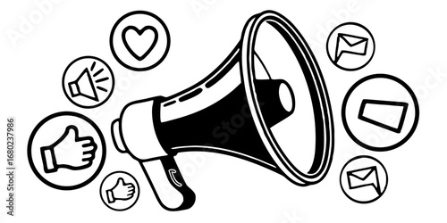 A megaphone surrounded by social media icons including a heart, like, and envelope, all in black and white