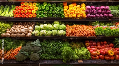 A colorful assortment of fresh produce neatly arranged on supermarket shelves. The vibrant display showcases a variety of fruits and vegetables.