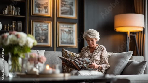 Reflection in Time: An elegant elderly woman delves into a cherished photo album in a cozy living room, the glow of ambient light emphasizing the cherished memories within. 