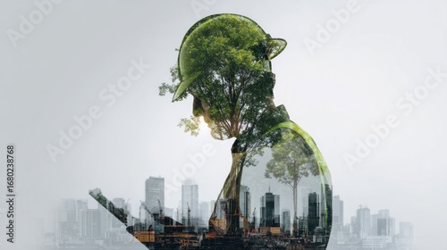 An architect in a hardhat, with a cityscape overlaid with trees, symbolizing sustainable architecture 