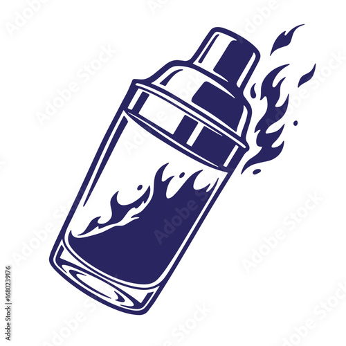 Artistic illustration of a cocktail shaker with stylized liquid and dynamic flame effects