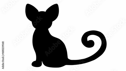 Silhouette of a sitting cat with large ears and a curled tail on a white background design element