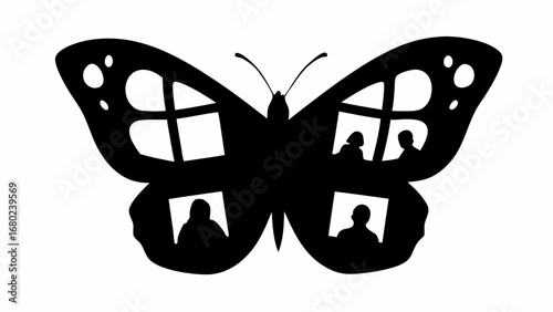 Silhouette of butterfly with window panes and people silhouettes inside its wings in black and white