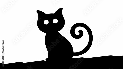 Silhouette of a black cat with round eyes and a curled tail sitting on a black surface against white backdrop