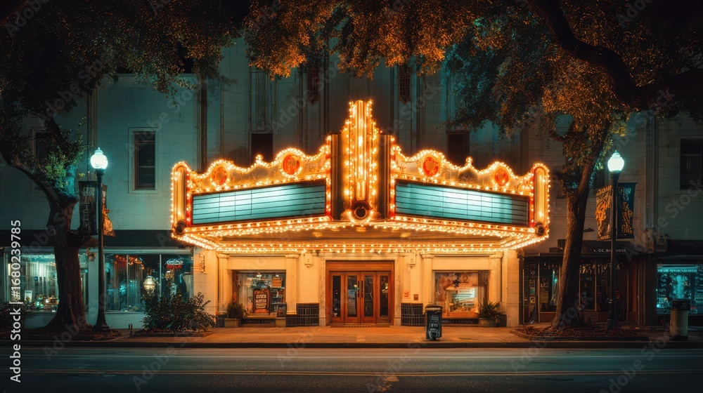 Fototapeta premium Vintage movie theater with brightly illuminated marquee lights at night, creating a nostalgic cinematic atmosphere on a quiet city street