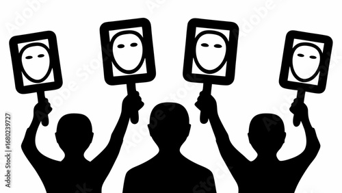 Silhouetted figures holding up signs with faces in black and white illustration concept art style design