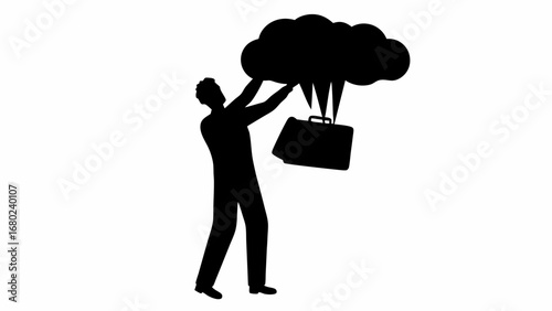 Silhouette of a man holding a briefcase under a rain cloud representing business or personal challenges