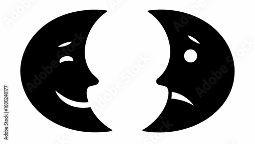 Two crescent moon faces expressing different emotions one happy and the other sad in black and white silhouette