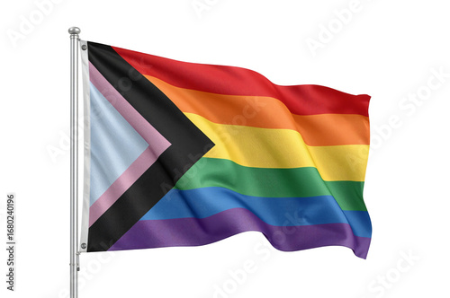 Progressive Pride flag waving, outdoors, clear sky