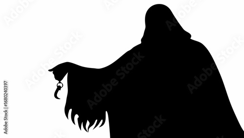Silhouette of a cloaked figure holding a pendant with a claw on a white background design art