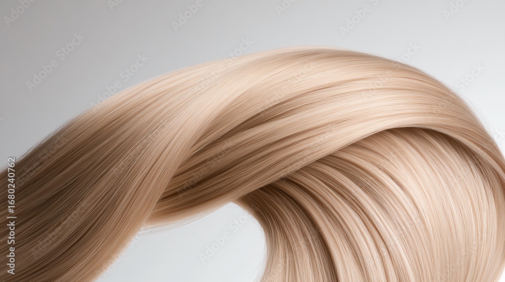 Fototapeta premium Realistic clipins, ash blonde with subtle highlights, laid in a spiral design on a reflective white surface