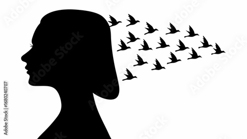 Silhouette of a woman with birds flying from her head in a conceptual and minimalist black and white design