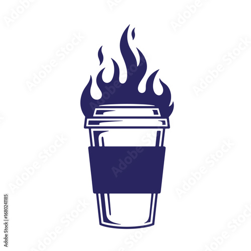 Bold graphic illustration of a coffee cup with flames for caffeine addiction concept