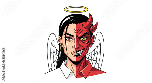 Conceptual Illustration of Inner Conflict and Moral Choices with Angelic and Demonic Halves