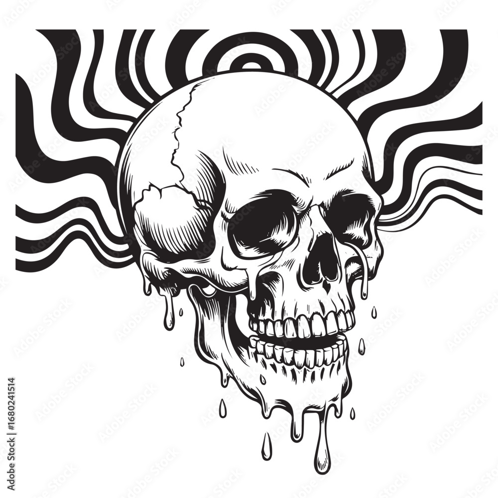 Fototapeta premium Psychedelic melting skull black and white illustration for tattoo, gothic, horror, and dark art