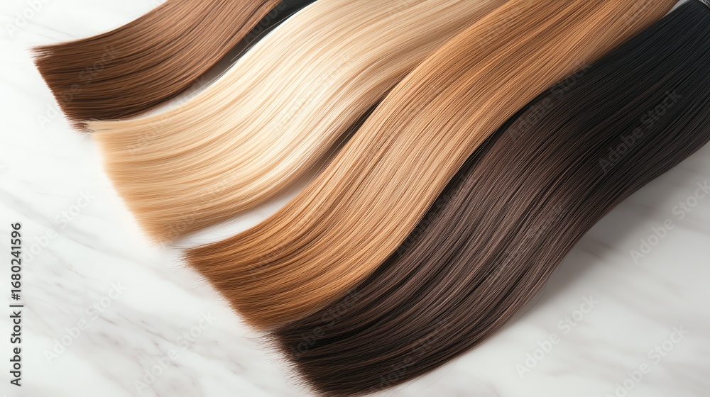 Fototapeta premium Straight human hair extensions, deep auburn tones, arranged in a sleek pattern on a marble counter