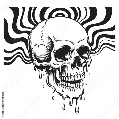 Psychedelic melting skull black and white illustration for tattoo, gothic, horror, and dark art