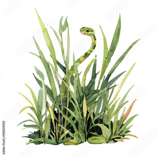 Green Snake Emerging from Lush Watercolor Grass