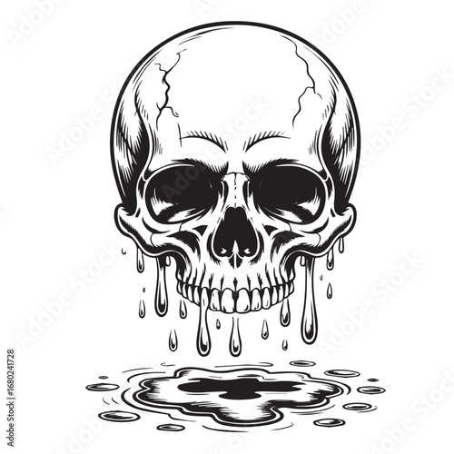 Dripping human skull black and white illustration for tattoo, gothic, horror, and dark artwork