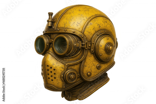 Yellow steampunk helmet featuring goggles, a mask, and intricate details, isolated on a transparent background