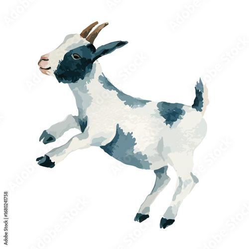 Leaping Watercolor Goat with Blue Markings and Small Horns in MidAir