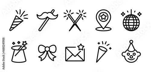 Celebration icons set featuring party elements and festive decorations for special occasions design Vector