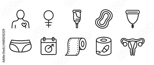 Menstrual cycle and hygiene products line art icons representing female reproductive health and care vector