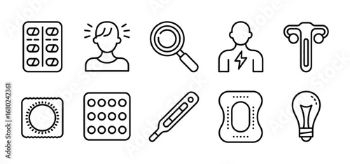 Medical and health vector line icons representing contraception and illness symptoms and diagnosis tools
