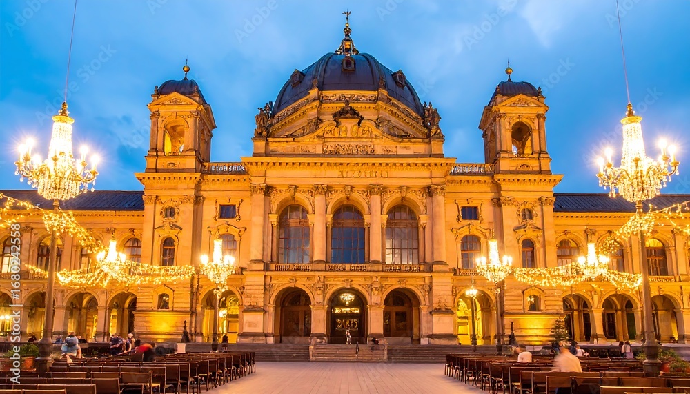 Obraz premium Grand building at twilight, adorned with lights