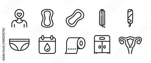 Menstruation and feminine hygiene icons representing period related products and body parts line art vector