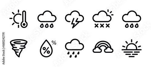 Weather forecast icons representing various conditions including sun rain snow and storms vector set