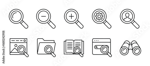 Collection of search and discovery icons representing various search and exploration tools vector