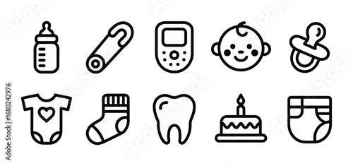 Baby essentials icons set representing childhood and early development stages in vector format