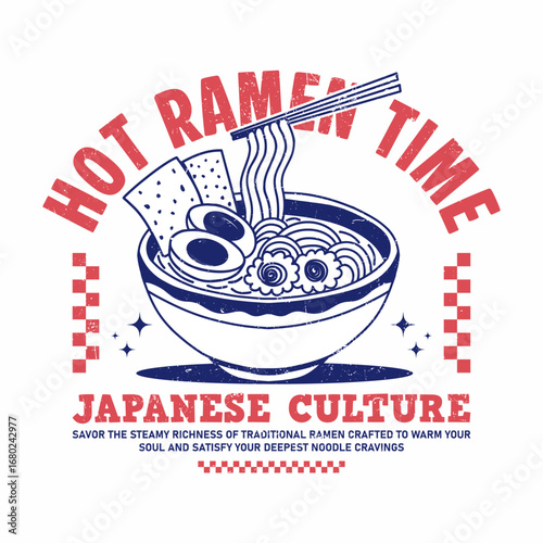 hand drawn ramen bowl illustration. Japanese food graphic design in retro style, perfect for t-shirt print, streetwear, poster