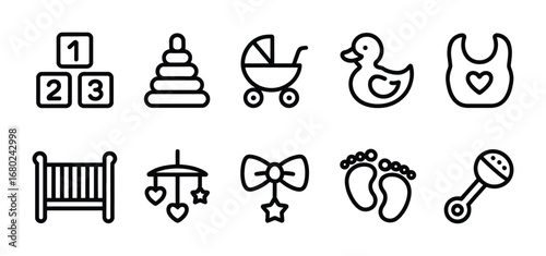 Baby essentials icons set vector illustration of cute newborn items and toys for babies design