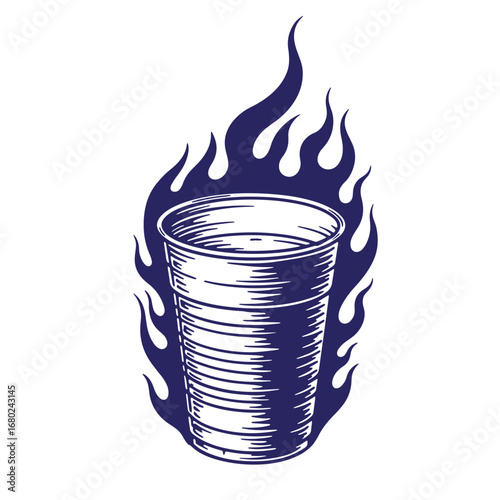 Burning solo cup illustrated in a dark blue color with fire flames on white background