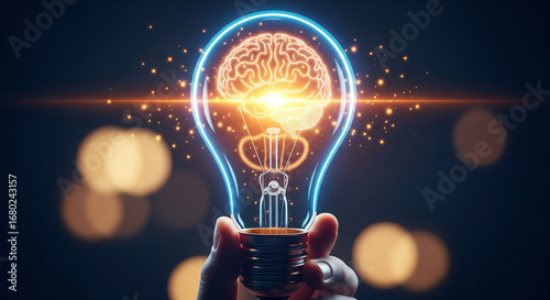 Hand holding lightbulb with brain inside and glowing particles around the bulb