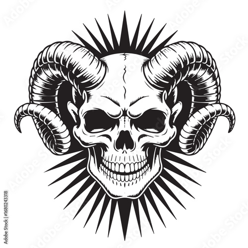 Ram horned skull black and white illustration with gothic design for tattoo, horror, and occult art