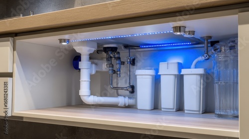 Modern under-sink water filtration system with led lighting