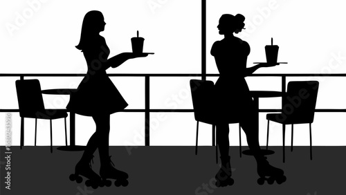Silhouette of two women on roller skates serving drinks in a restaurant with tables and chairs near windows