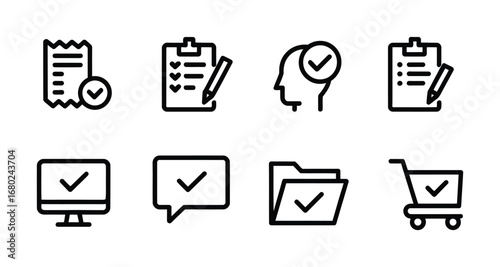 Icons representing completion confirmation and approval of various tasks and processes shown here Vector