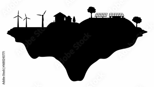 Silhouette of floating island with wind turbines houses solar panels and trees showing green energy concept