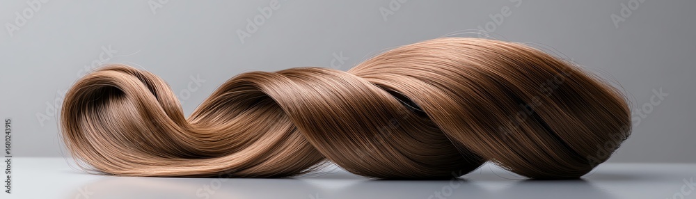 Fototapeta premium Textured curly extensions, deep chocolate brown, coiled into a heart shape on a reflective base