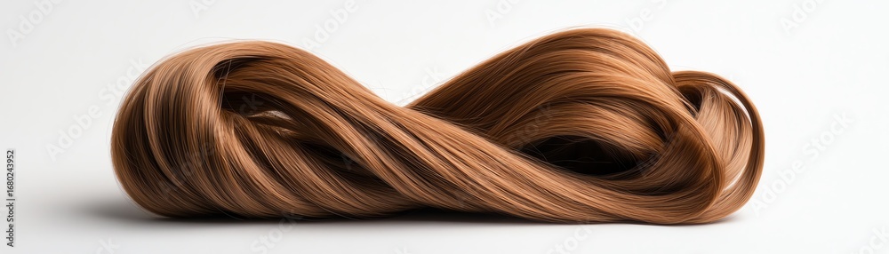 Fototapeta premium Textured curly extensions, deep chocolate brown, coiled into a heart shape on a reflective base