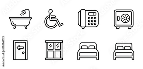 Hotel room amenities icons set featuring bathtub wheelchair phone safe door window and beds icons Vector
